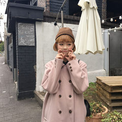 The small group and simple temperament pure woolen coat loose all-match retro long coat jacket F 17592# lotus color spot
