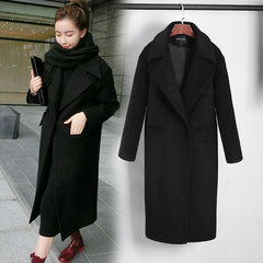 2017 Korean female Black Cashmere woolen coat winter cocoon in the long section of South Korea relaxed knee woolen jacket XS black