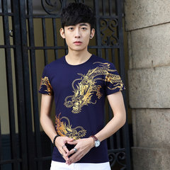 Every summer special offer men short sleeved T-shirt stone dragon totem bronzing coat big men China wind domineering code 3XL blue