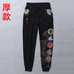 Sakura blue embroidery, carp pants, foot pants, Haren pants, sports casual pants, thick trousers, Chinese men's clothing tide 3XL Five black (plus velvet thick section)