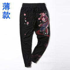 Sakura blue embroidery, carp pants, foot pants, Haren pants, sports casual pants, thick trousers, Chinese men's clothing tide 3XL Red carp black (thin paragraph)