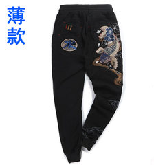 Sakura blue embroidery, carp pants, foot pants, Haren pants, sports casual pants, thick trousers, Chinese men's clothing tide 3XL Blue carp black (thin section)