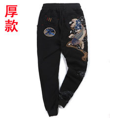 Sakura blue embroidery, carp pants, foot pants, Haren pants, sports casual pants, thick trousers, Chinese men's clothing tide 3XL Blue carp black