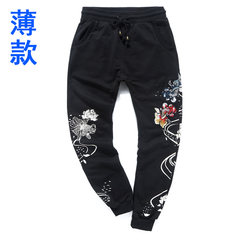 Sakura blue embroidery, carp pants, foot pants, Haren pants, sports casual pants, thick trousers, Chinese men's clothing tide 3XL Small carp black (thin section)