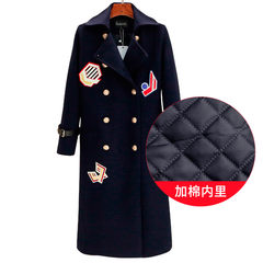 2017 winter Tang Yan star with a large thick woolen embroidery code cocoon coat girls long section of South Korea 3XL Navy blue plus cotton