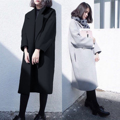Wool tweed coat girls long winter 2017 new Korean fashion show thin cocoon type students loose woolen coat XS Black cotton