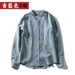 In the autumn of 2017 China wind Mens collar shirt cotton shirts, casual shirts all-match Vintage Linen backing 3XL Turquoise blue — V collar