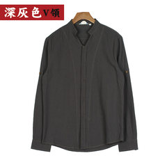 In the autumn of 2017 China wind Mens collar shirt cotton shirts, casual shirts all-match Vintage Linen backing 3XL Dark grey — V collar