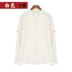 In the autumn of 2017 China wind Mens collar shirt cotton shirts, casual shirts all-match Vintage Linen backing 3XL White — V collar