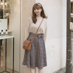 2017 new high waisted retro all-match spring small fresh lattice in the long skirt female A A-line dress skirt XS Beige sweater set
