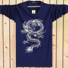 Every day special cotton long sleeve T-shirt, men's round collar, Chinese wind dragon pattern, long sleeve men's T-shirt, fat man's clothes 3XL Dragon totem dark blue