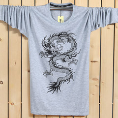 Every day special cotton long sleeve T-shirt, men's round collar, Chinese wind dragon pattern, long sleeve men's T-shirt, fat man's clothes 3XL Dragon totem gray