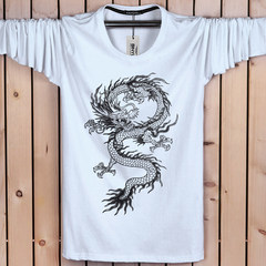 Every day special cotton long sleeve T-shirt, men's round collar, Chinese wind dragon pattern, long sleeve men's T-shirt, fat man's clothes 3XL Dragon totem white