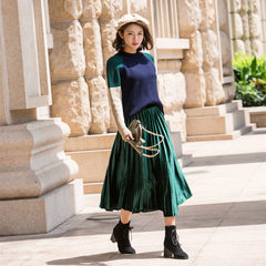 Winter 2017 Korean version of the new metal color velvet pleated skirt in the long section of big swing a word velvet skirt female F Blackish green