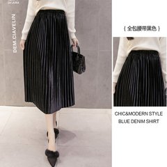 Winter 2017 pure gold velvet high waist skirt A-line a elastic waist velvet skirt in the long skirt S Black (full belt)