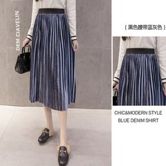 Winter 2017 pure gold velvet high waist skirt A-line a elastic waist velvet skirt in the long skirt S Blue gray (black belt)