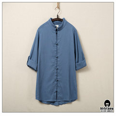 The original summer wind, seven men Chinese retro blouse male cotton linen shirt collar Costume M Size smaller, suggest a big code Midnight blue