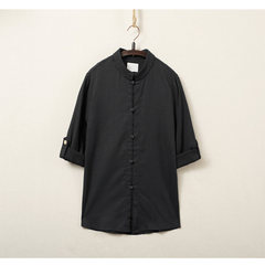 The original summer wind, seven men Chinese retro blouse male cotton linen shirt collar Costume M Size smaller, suggest a big code black