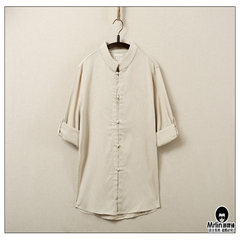 The original summer wind, seven men Chinese retro blouse male cotton linen shirt collar Costume M Size smaller, suggest a big code White