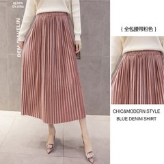 Winter 2017 pure gold velvet high waist skirt A-line a elastic waist velvet skirt in the long skirt S Pink (full belt)