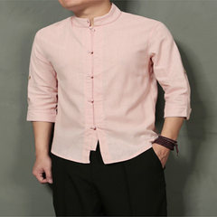 The original summer wind, seven men Chinese retro blouse male cotton linen shirt collar Costume M Size smaller, suggest a big code Pink