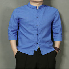 The original summer wind, seven men Chinese retro blouse male cotton linen shirt collar Costume M Size smaller, suggest a big code Royal Blue