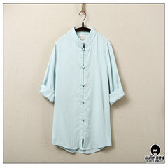 The original summer wind, seven men Chinese retro blouse male cotton linen shirt collar Costume M Size smaller, suggest a big code Blue