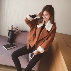 Small grain winter new 2017 Korean students Lapel short coat female long sleeved caramel color woolen coat S Caramel color