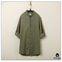 The original summer wind, seven men Chinese retro blouse male cotton linen shirt collar Costume M Size smaller, suggest a big code Olive green