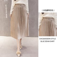 Winter 2017 pure gold velvet high waist skirt A-line a elastic waist velvet skirt in the long skirt S Apricot (all inclusive belt)