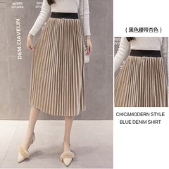 Winter 2017 pure gold velvet high waist skirt A-line a elastic waist velvet skirt in the long skirt S Apricot (black belt)