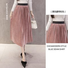 Winter 2017 pure gold velvet high waist skirt A-line a elastic waist velvet skirt in the long skirt S Pink (black belt)