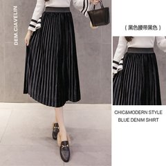 Winter 2017 pure gold velvet high waist skirt A-line a elastic waist velvet skirt in the long skirt S Black (black belt)