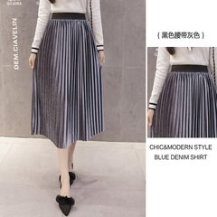 Winter 2017 pure gold velvet high waist skirt A-line a elastic waist velvet skirt in the long skirt S Gray (black belt)