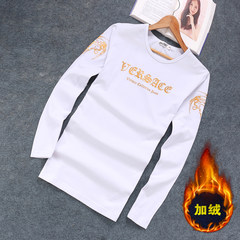 Long sleeve T-shirt, Chinese wind V collar, self cultivation shirt, clothes warm in winter, cashmere thickening, T-shirt shirt 3XL The letter is white