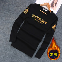 Long sleeve T-shirt, Chinese wind V collar, self cultivation shirt, clothes warm in winter, cashmere thickening, T-shirt shirt 3XL Black letter black