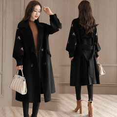 Wool coat 2017 female winter Lantern Sleeve lace embroidery woolen coat in the long section of all-match slim female coat S Black (cotton)