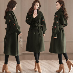 Wool coat 2017 female winter Lantern Sleeve lace embroidery woolen coat in the long section of all-match slim female coat S Army green (plus cotton)