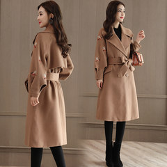 Wool coat 2017 female winter Lantern Sleeve lace embroidery woolen coat in the long section of all-match slim female coat S Camel (plus cotton)
