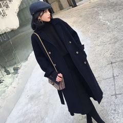 Wool coat girls long section of South Korea 2017 new students soft sister cocoon type knee cashmere woolen coat XS Tibet Navy