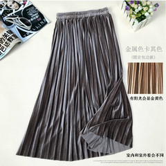 Autumn velvet skirt pleated skirt in the long section of metal color code and put all-match waist fold dress female M (fixed edge section) Khaki