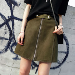 JHXC Korean high waisted suede skirt zipper female thin autumn A word skirt black bag hip skirt skirt tide S Army green