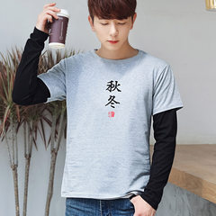 2017 spring and autumn new ulzzang male head Chinese sweater round neck long sleeved clothes on the wind flow of students XL/180 W02 fake two pieces of grey