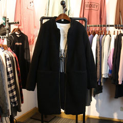 Korean girls long wool coat Korean fashion collar loose solid thickened Korean fan girl coat in autumn and winter F black