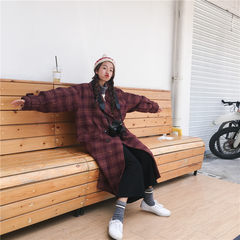 The night wind in autumn and winter in the long section of South Korean Plaid woolen coat loose retro coat female students F lattice