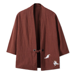 The summer wind Chinese retro thin cotton seven male Hanfu kimono sleeve cardigan tunic coat male boom 3XL Coffee