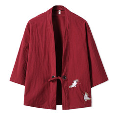 The summer wind Chinese retro thin cotton seven male Hanfu kimono sleeve cardigan tunic coat male boom 3XL Claret