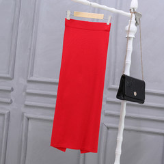 2017 new winter Korean slim slim package hip skirt waist long all-match knitted skirt slit in M (99-105 Jin) Big red