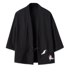The summer wind Chinese retro thin cotton seven male Hanfu kimono sleeve cardigan tunic coat male boom 3XL black
