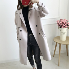 Autumn and winter double breasted Lapel cocoon little wool coat, long loose knee woolen coat tide M Rice Pink